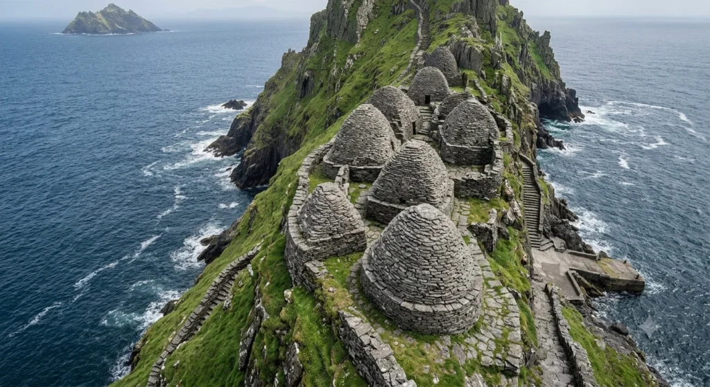 Aerial view of early Christian dry-stone beehive huts at the Skellig Michael monastery overlooking the Atlantic Ocean.