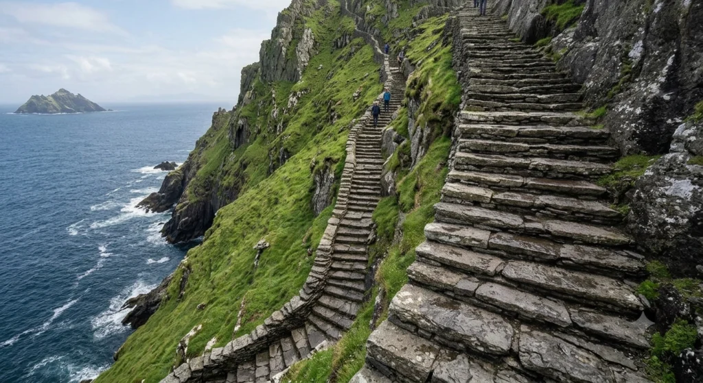 Vertiginous hand-cut stone steps climbing the green precipitous slope of Skellig Michael island in Ireland.