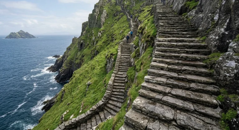 Vertiginous hand-cut stone steps climbing the green precipitous slope of Skellig Michael island in Ireland.