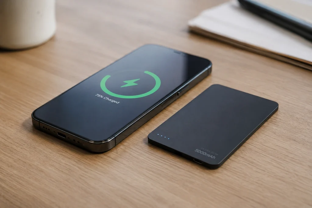 Ultra-thin pocket-sized portable battery charger next to a smartphone