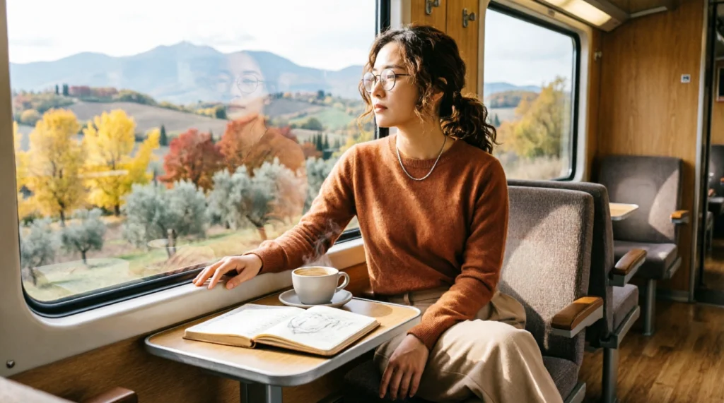 Traveller sitting on a train window seat looking out at rolling hills during a slow travel journey.
