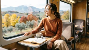 Traveller sitting on a train window seat looking out at rolling hills during a slow travel journey.