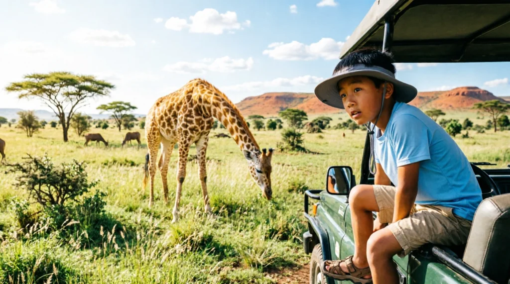 A young boy watching a wild giraffe from an open safari vehicle in South Africa