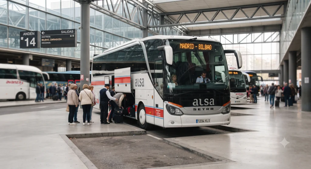 Intercity bus at Madrid’s main bus station, ready for departure