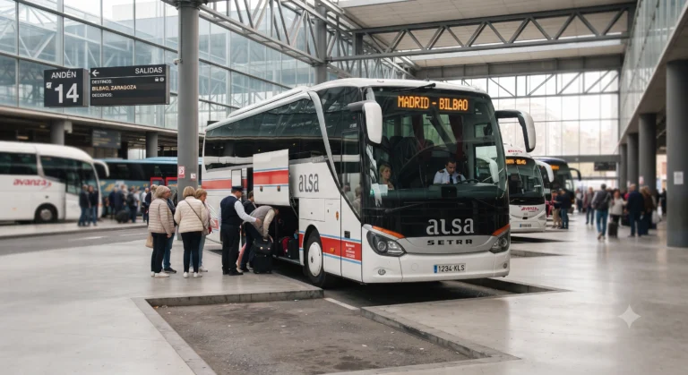 Intercity bus at Madrid’s main bus station, ready for departure
