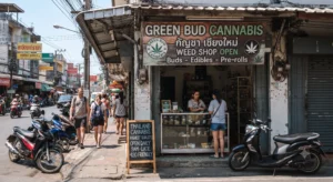 Cannabis shop signage in Thailand for travelers