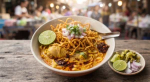 Rich yellow coconut curry noodle soup Khao Soi topped with crispy fried noodles, lime, and red onions in Chiang Mai.