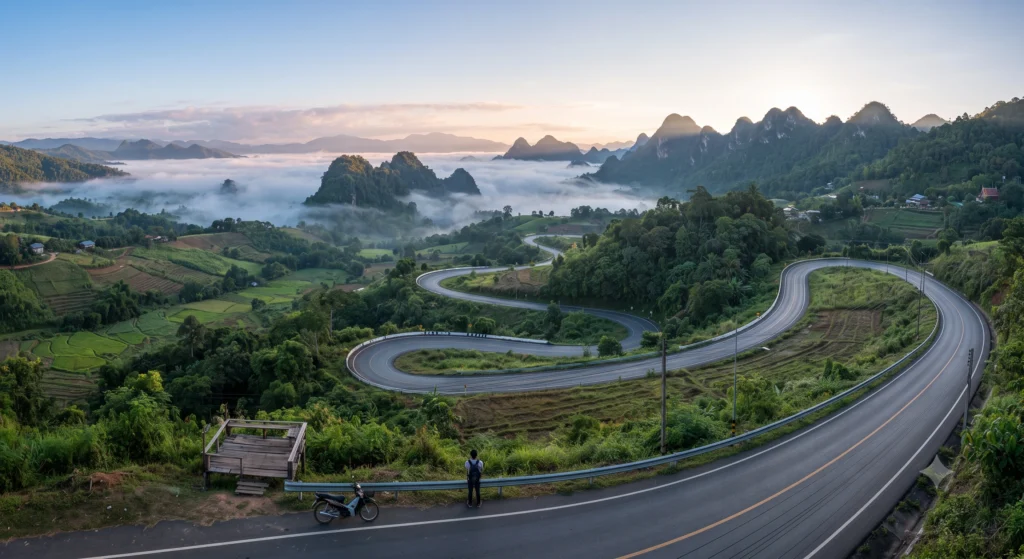 Road Trips in Thailand: Which Routes Are Actually Worth Your Time 231 Winding mountain road on the Mae Hong Son Loop in northern Thailand with misty hills and green valleys