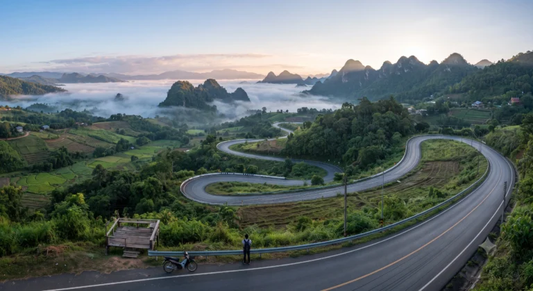 Winding mountain road on the Mae Hong Son Loop in northern Thailand with misty hills and green valleys