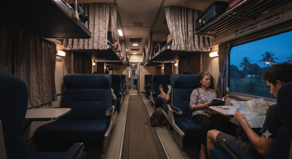 Interior of a modern 2nd class sleeper train carriage in Thailand showing comfortable pink seats and upper berth layout.