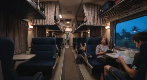 Interior of a modern 2nd class sleeper train carriage in Thailand showing comfortable pink seats and upper berth layout.