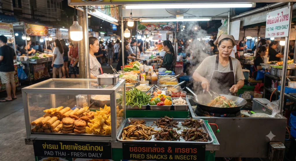 What to Eat and Drink in Thailand: An Editor's Honest Culinary Guide (2026) 234 Thai street food market stall displaying fried snacks, insects, and stir-fry ingredients under bright lights.