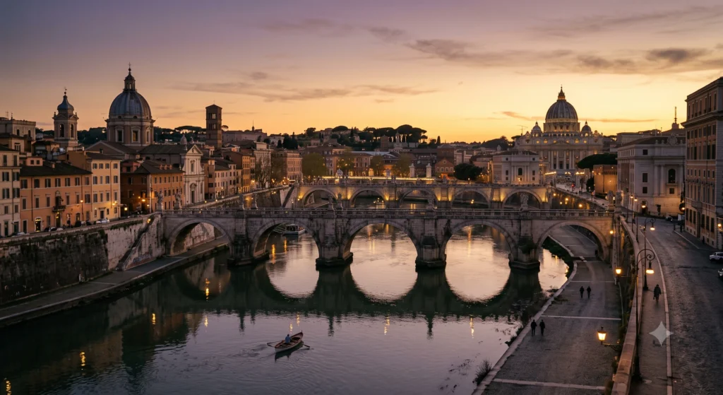Sunset along the Tiber River with bridges and historic buildings in Rome.