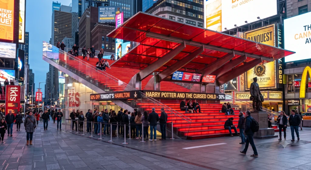 The TKTS discount ticket booth and red staircase in Times Square New York.