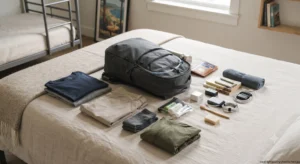 A compact backpack and travel essentials arranged for light packing