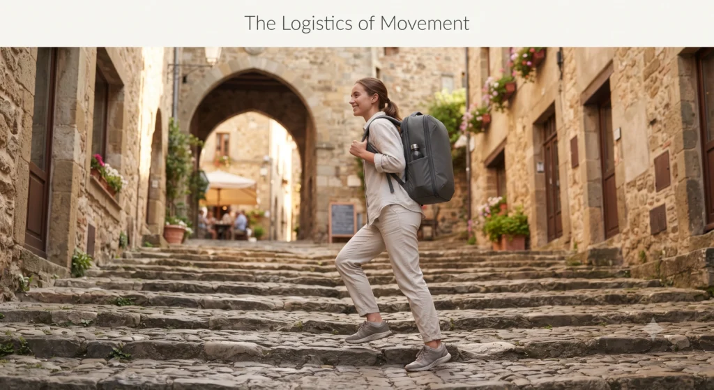 Traveller carrying a light backpack up historic stone stairs.