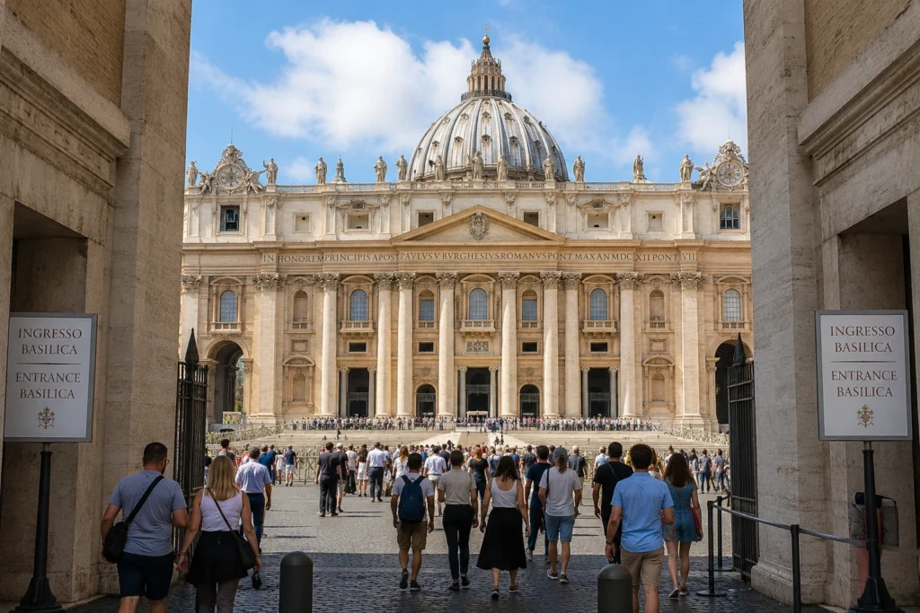 Visitors entering St. Peter's Basilica in Vatican City.