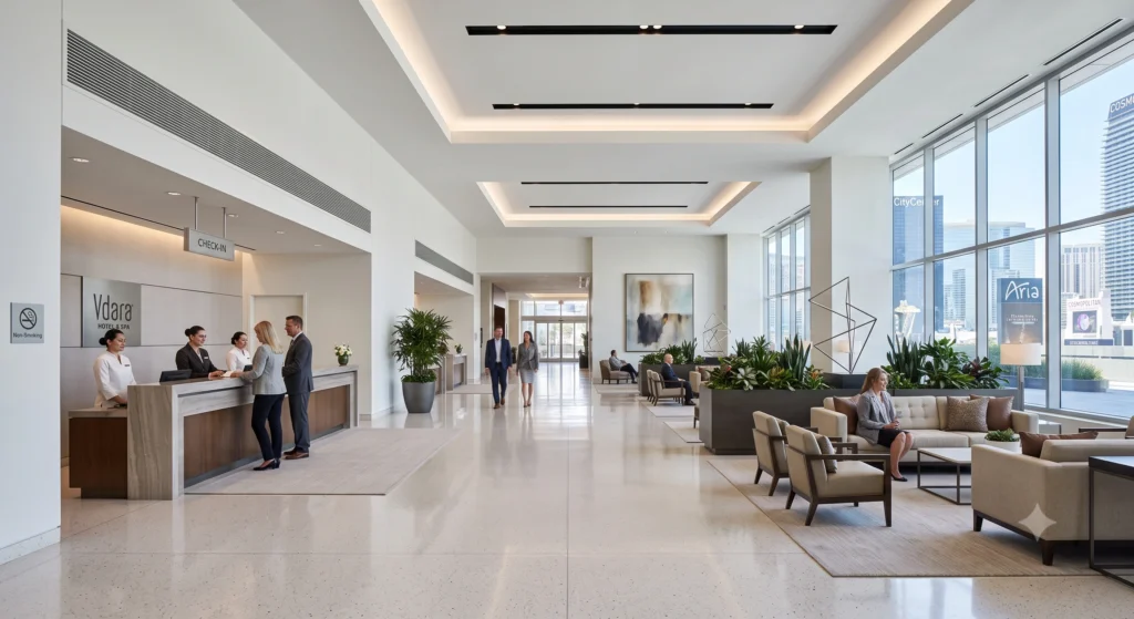Bright, clean hotel lobby at Vdara Las Vegas without slot machines or casino floor clutter.