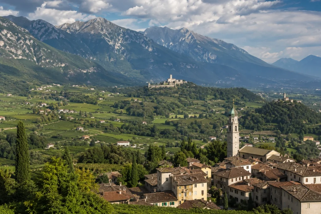 Veneto Italy countryside with historic towns and Dolomite mountains