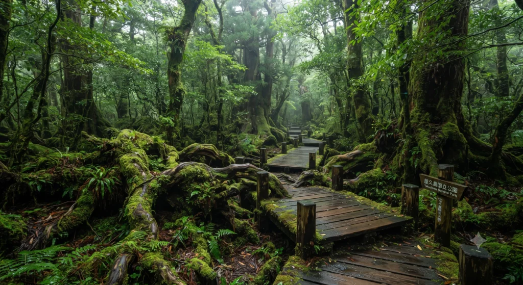 Lush green mossy ancient cedar forest with a wooden walking path in Yakushima National Park